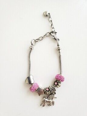 Silver Charm Bracelet with Pink Crystal Beads and Unicorn Charm